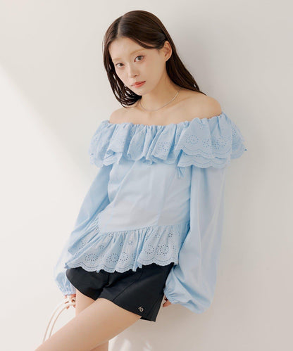 棉質蕾絲露肩女襯衫