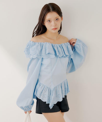 棉質蕾絲露肩女襯衫