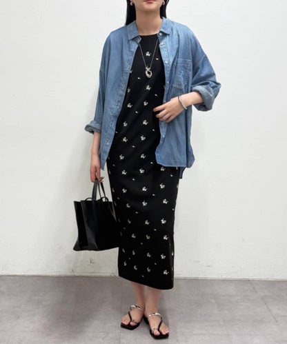 肩褶刺繡連衣裙