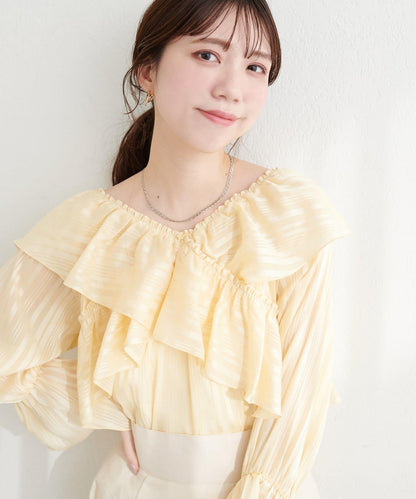 不規則透感條紋 交叉荷葉邊 襯衫