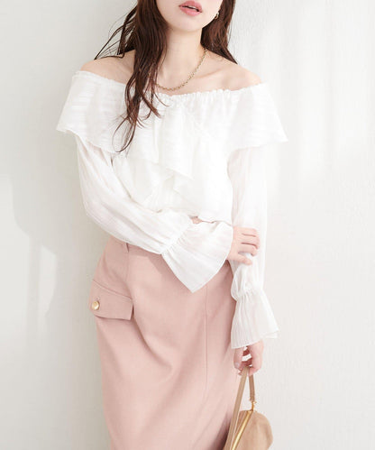 不規則透感條紋 交叉荷葉邊 襯衫