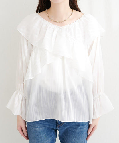 不規則透感條紋 交叉荷葉邊 襯衫