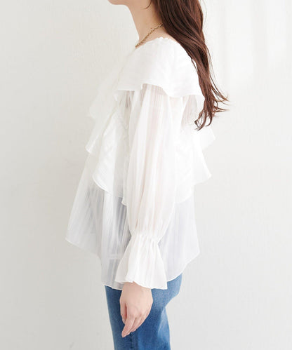 不規則透感條紋 交叉荷葉邊 襯衫