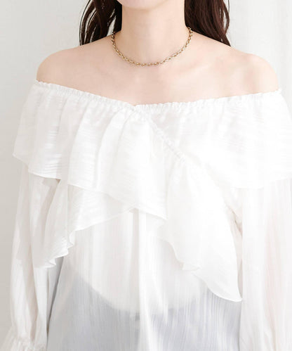 不規則透感條紋 交叉荷葉邊 襯衫