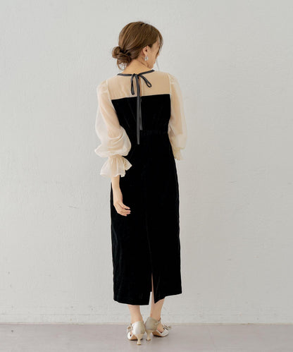 Chico 配色透視修身長款連衣裙