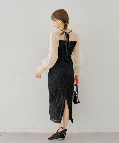 Chico 配色透視修身長款連衣裙