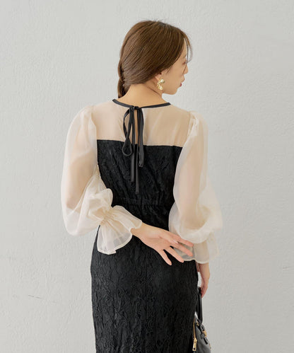 Chico 配色透視修身長款連衣裙