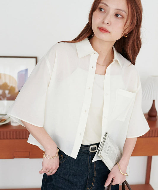 透紗短袖短款襯衫
