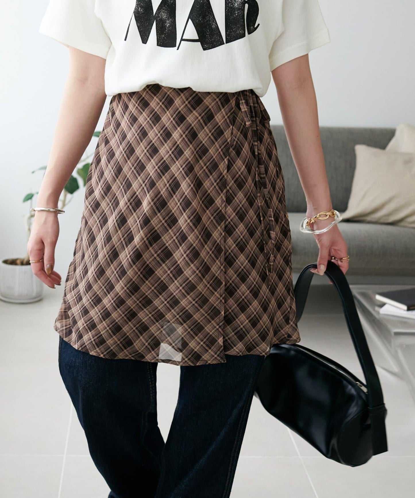 格紋層疊風設計裹身半身裙