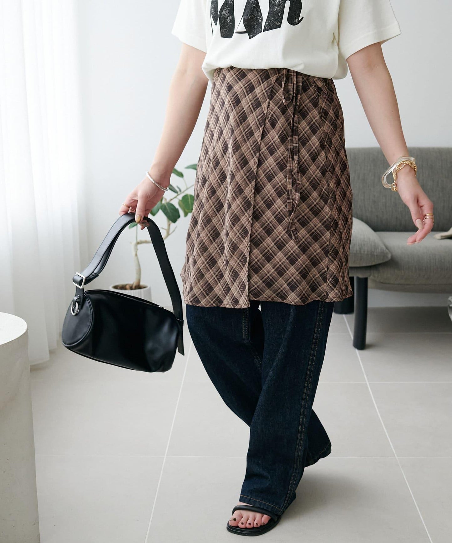 格紋層疊風設計裹身半身裙