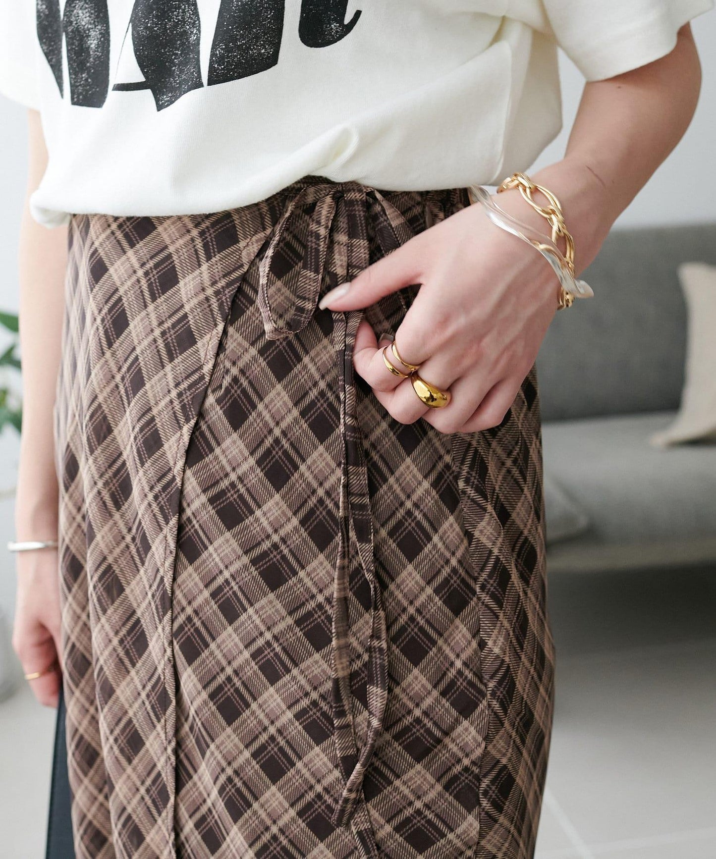 格紋層疊風設計裹身半身裙