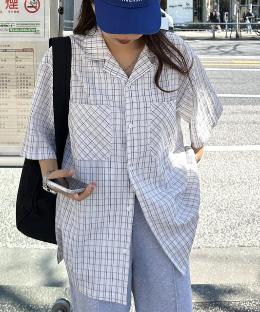 透感泡泡紗格紋開領襯衫