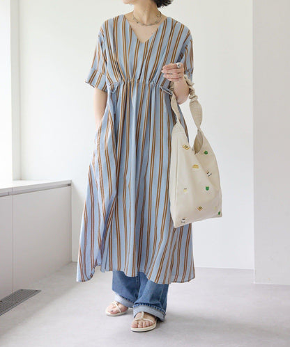 ear PAPILLONNER 前抽繩條紋連衣裙