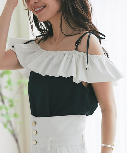 雙色荷葉邊 無袖設計 針織上衣