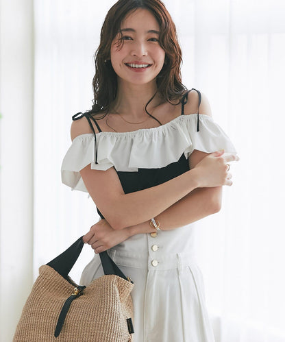 雙色荷葉邊 無袖設計 針織上衣