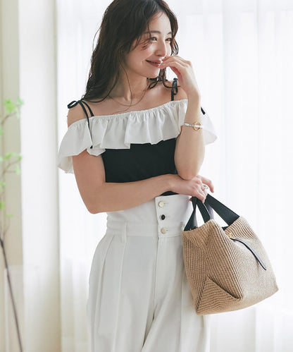 雙色荷葉邊 無袖設計 針織上衣