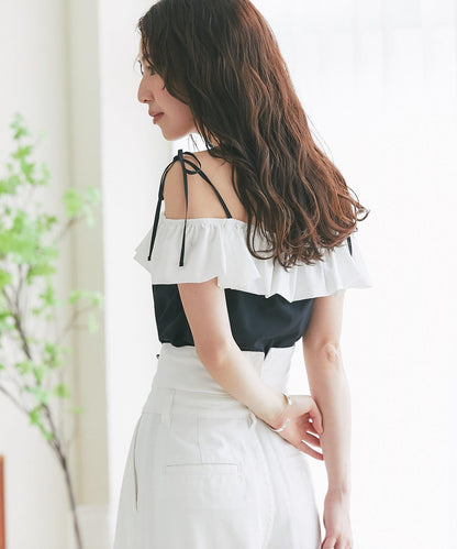 雙色荷葉邊 無袖設計 針織上衣