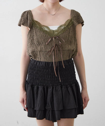 mline 蕾絲抽褶 法式設計 T恤