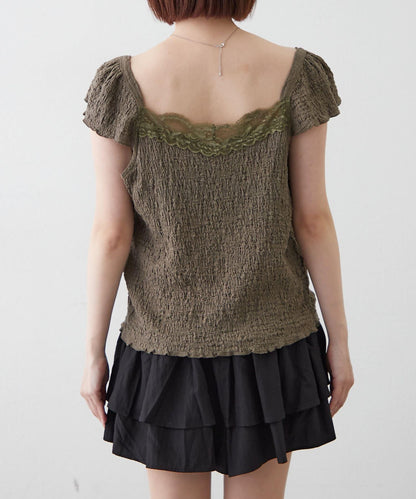 mline 蕾絲抽褶 法式設計 T恤