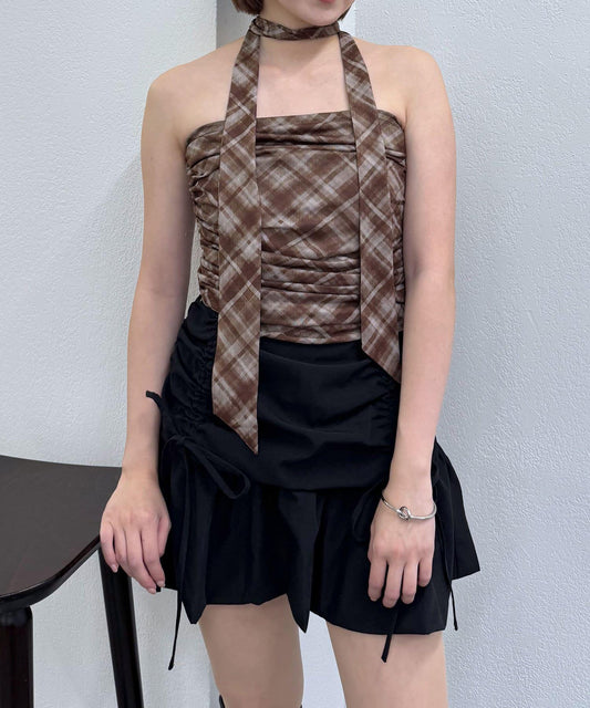 格紋抹胸式頸環設計襯衫