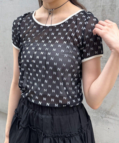 mline 半袖印花網紗上衣