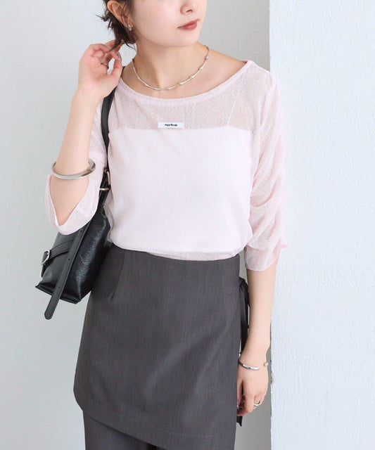 mystic 粗節透紗五分袖套頭上衣