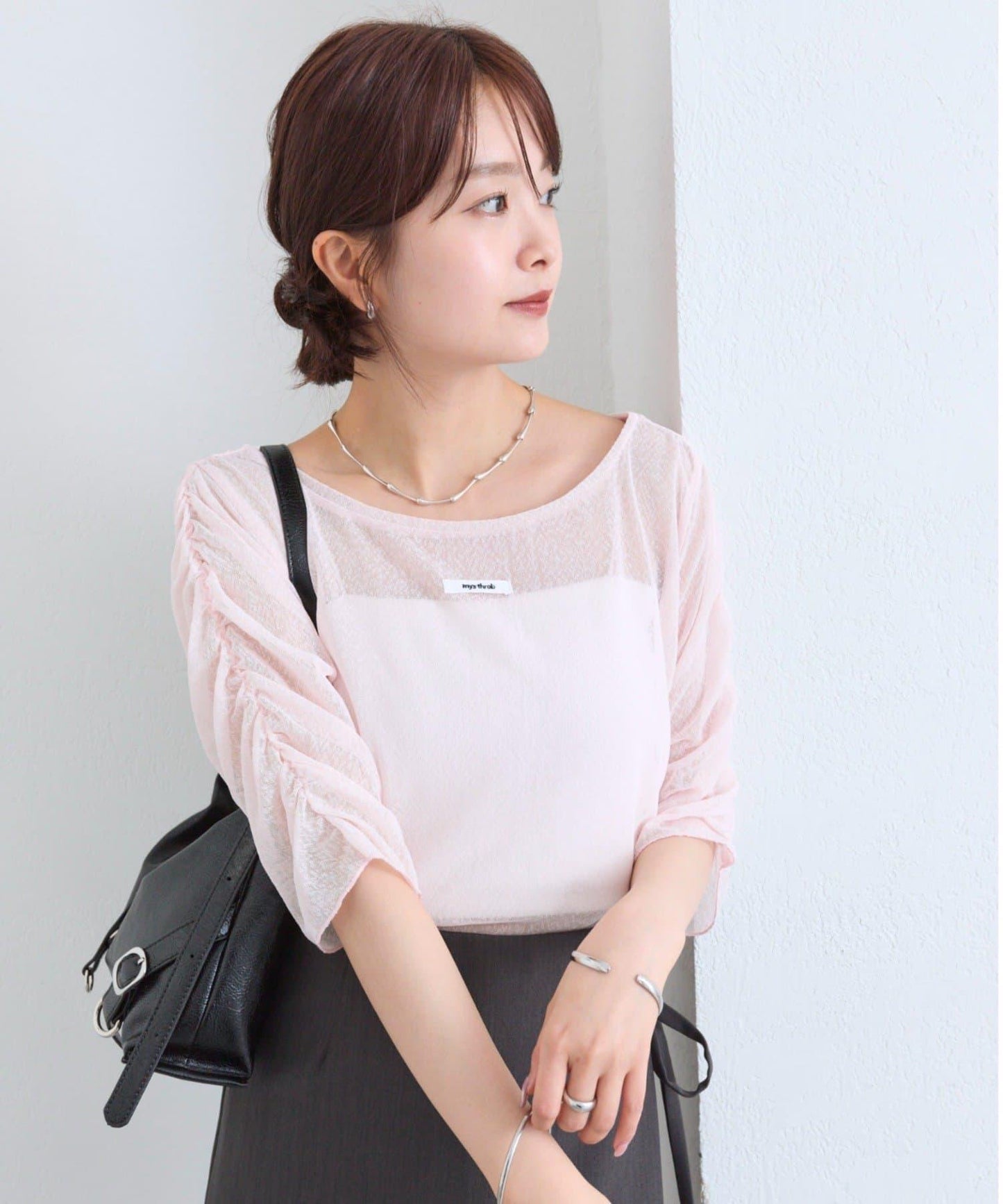 mystic 粗節透紗五分袖套頭上衣