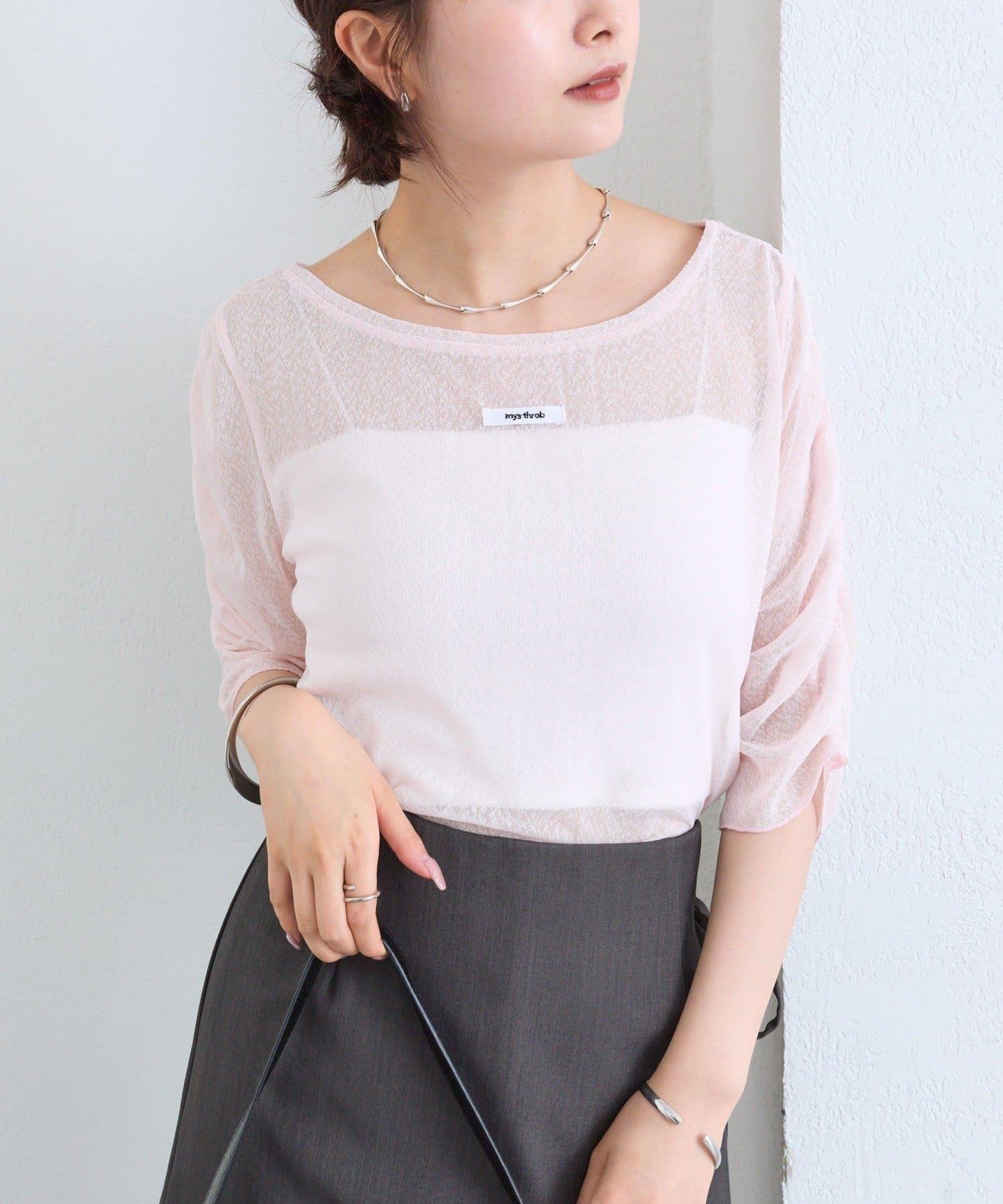 mystic 粗節透紗五分袖套頭上衣