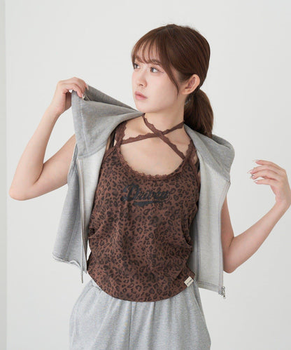 豹紋胸墊 蕾絲Logo疊穿 吊帶背心
