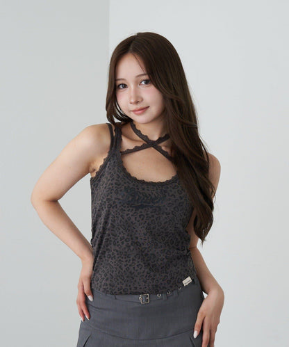 豹紋胸墊 蕾絲Logo疊穿 吊帶背心