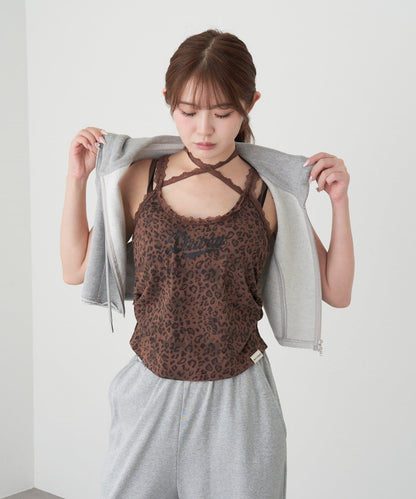豹紋胸墊 蕾絲Logo疊穿 吊帶背心
