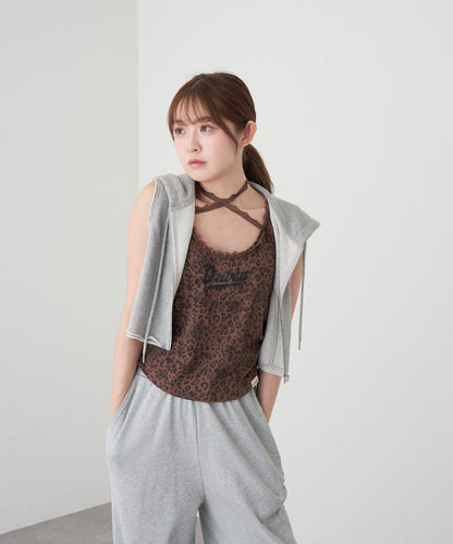 豹紋胸墊 蕾絲Logo疊穿 吊帶背心