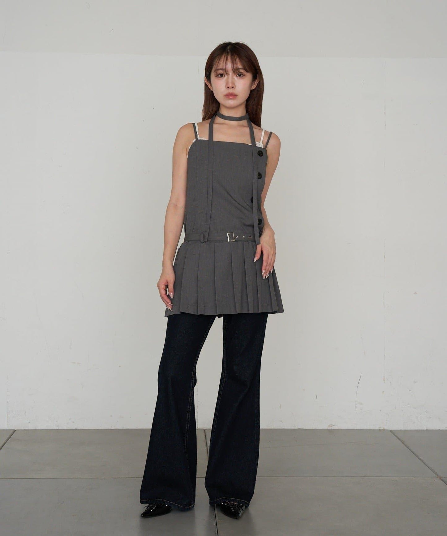 RAY CASSIN 按扣設計 百褶 吊帶迷你連衣裙