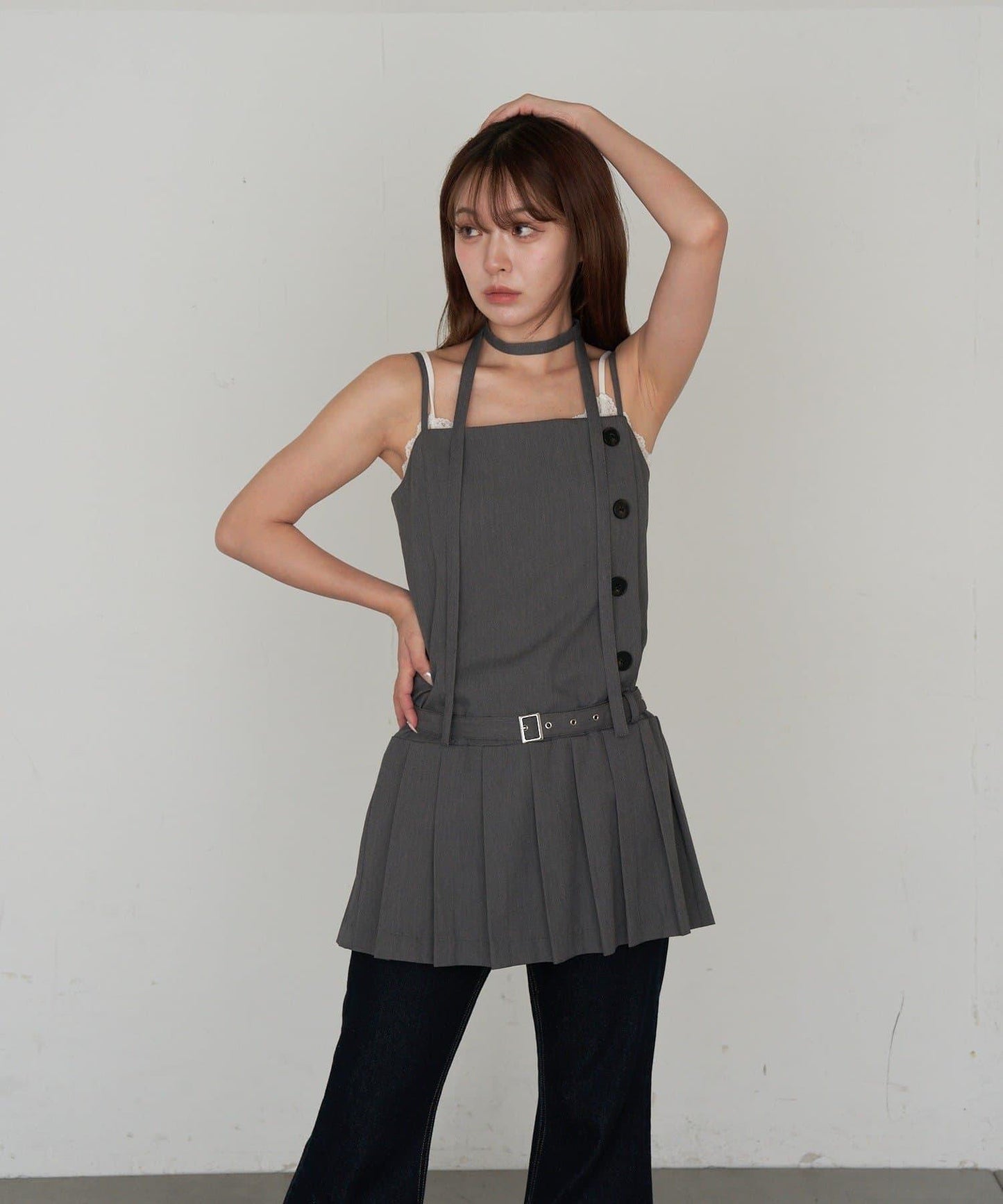 RAY CASSIN 按扣設計 百褶 吊帶迷你連衣裙