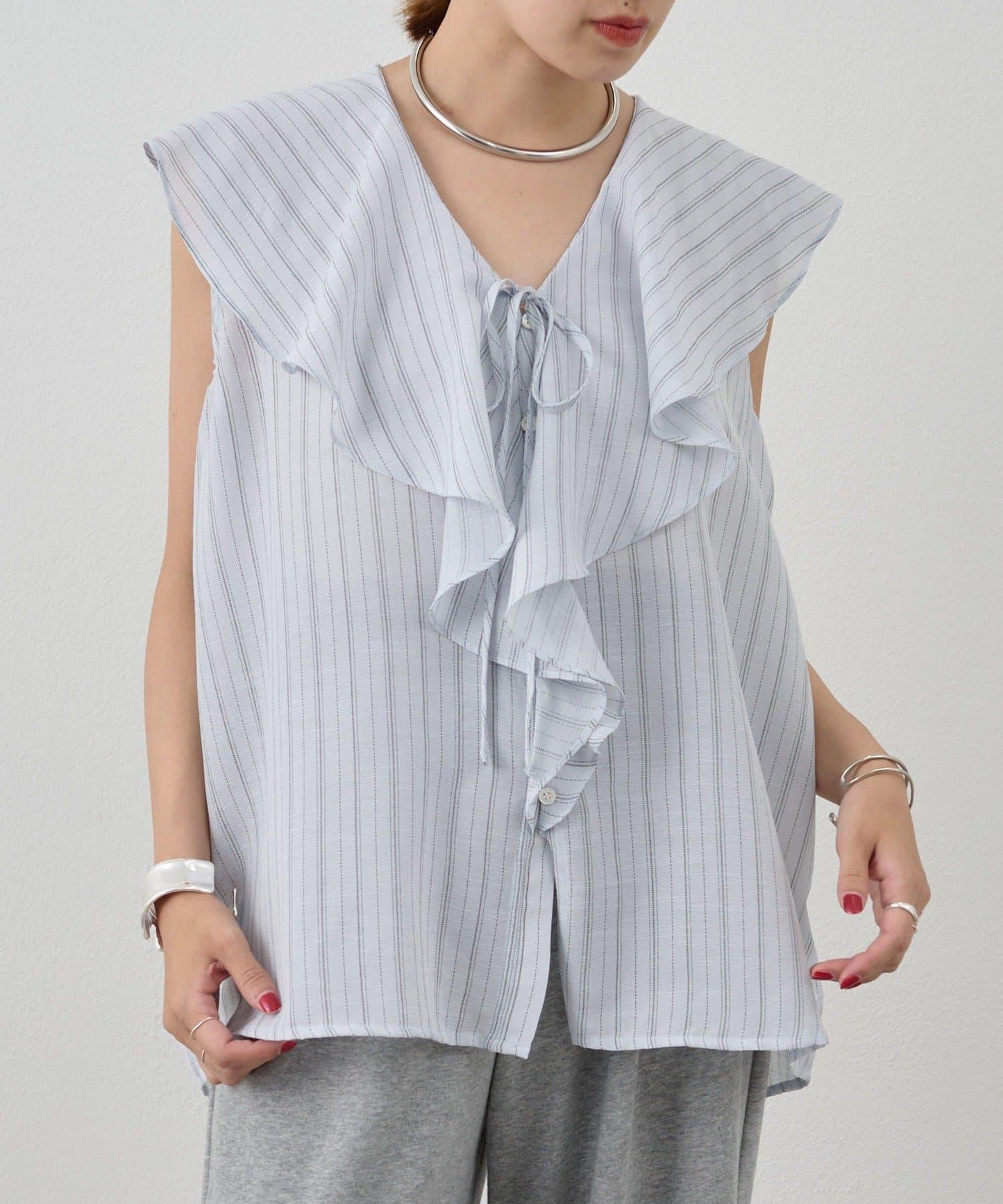 SHENERY 條紋荷葉領襯衫