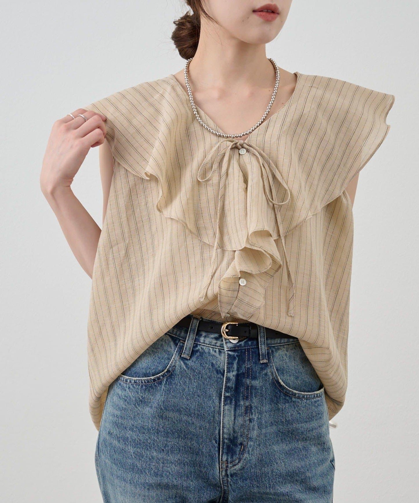 SHENERY 條紋荷葉領襯衫