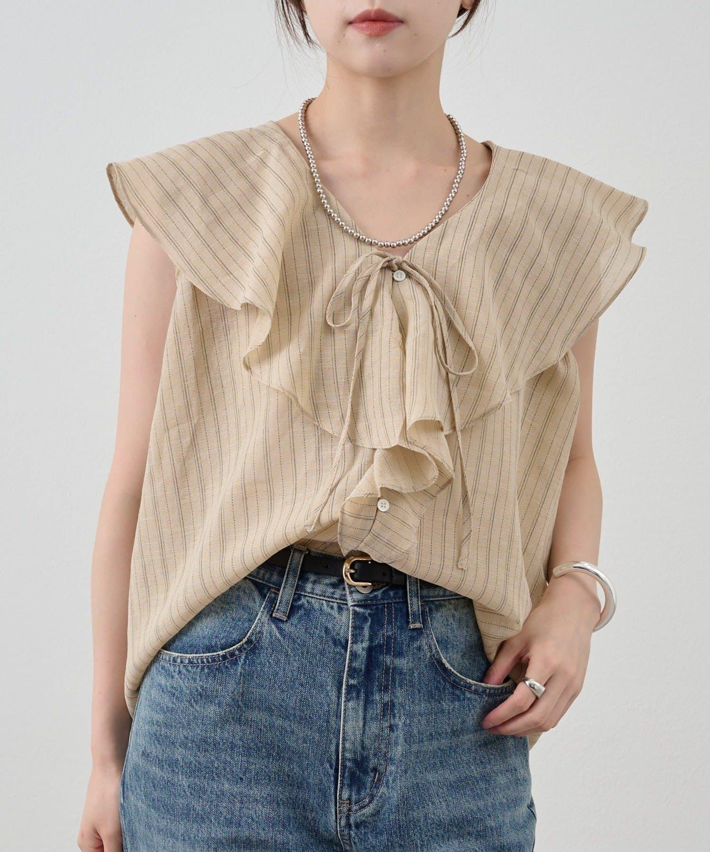 SHENERY 條紋荷葉領襯衫