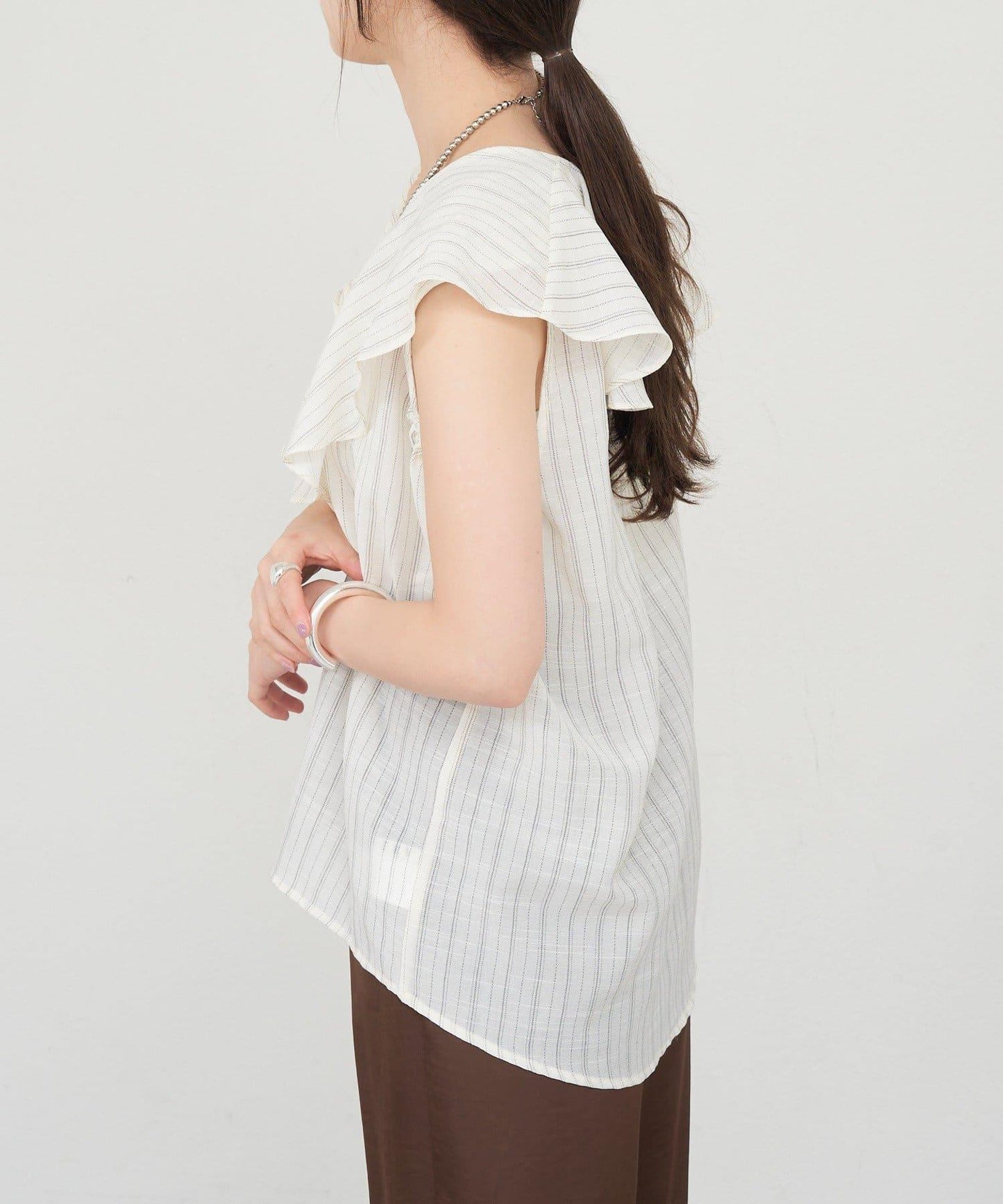 SHENERY 條紋荷葉領襯衫