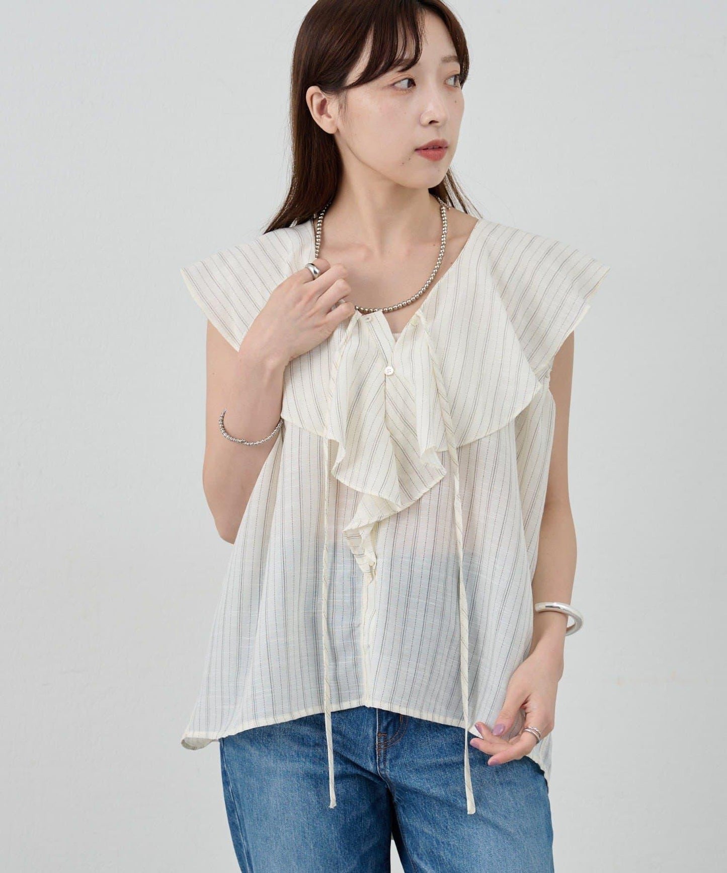 SHENERY 條紋荷葉領襯衫