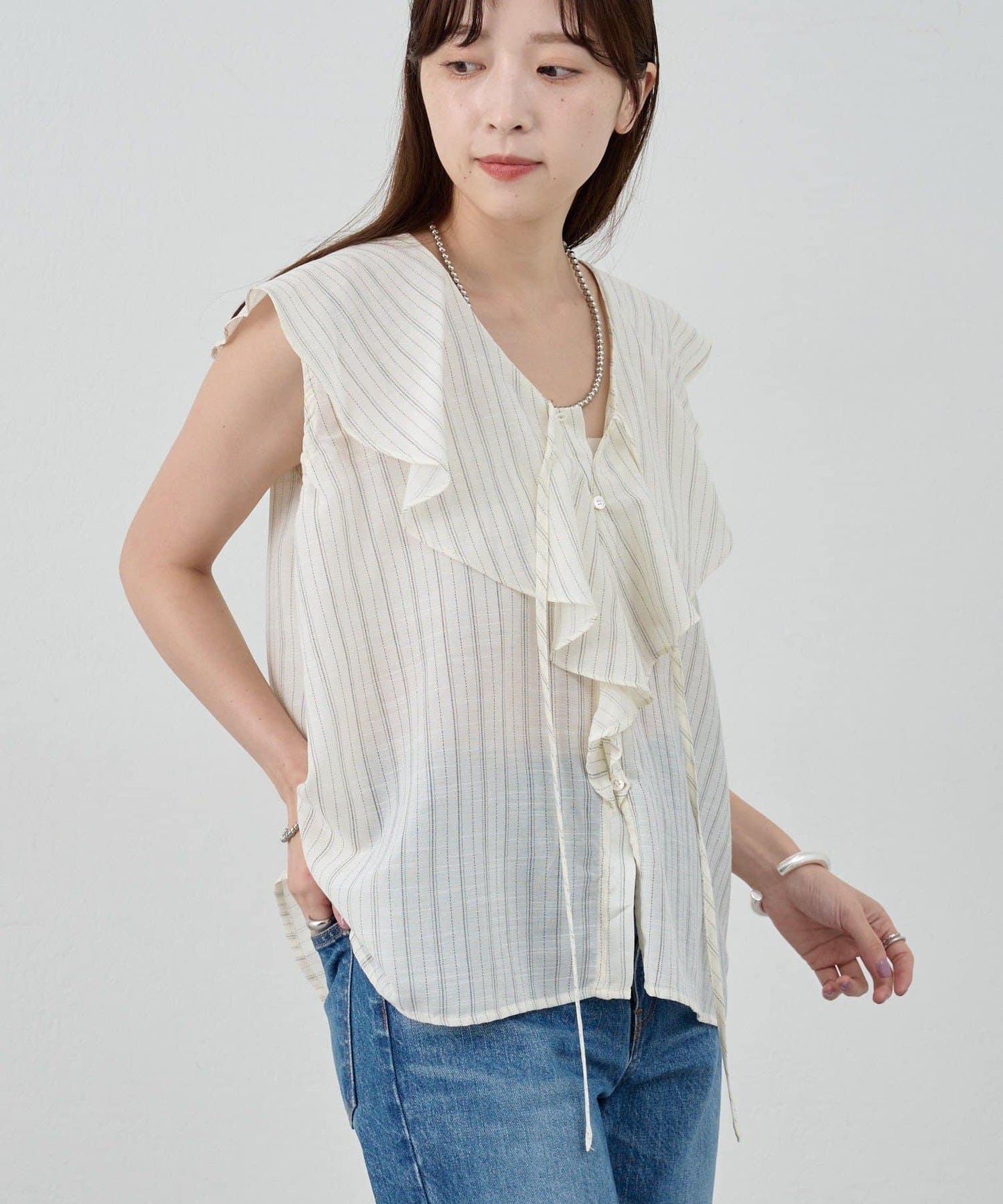 SHENERY 條紋荷葉領襯衫