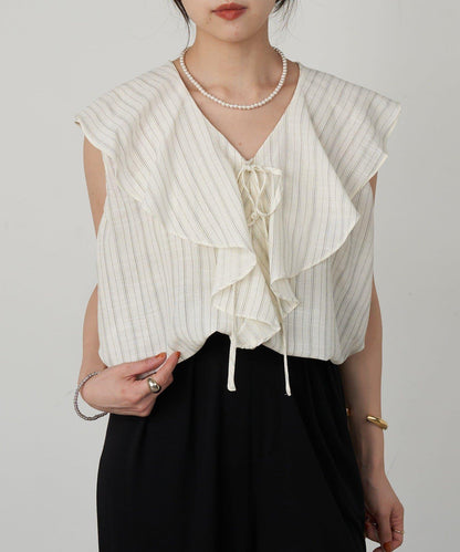 SHENERY 條紋荷葉領襯衫