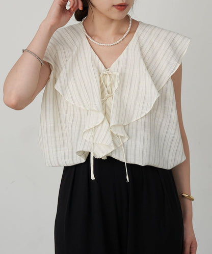 SHENERY 條紋荷葉領襯衫