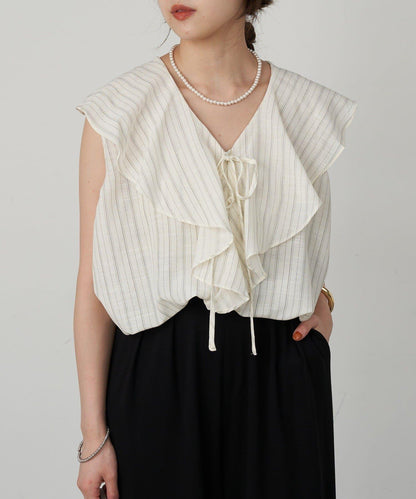 SHENERY 條紋荷葉領襯衫