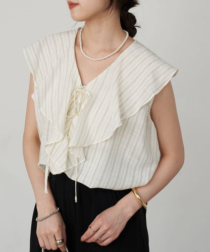 SHENERY 條紋荷葉領襯衫
