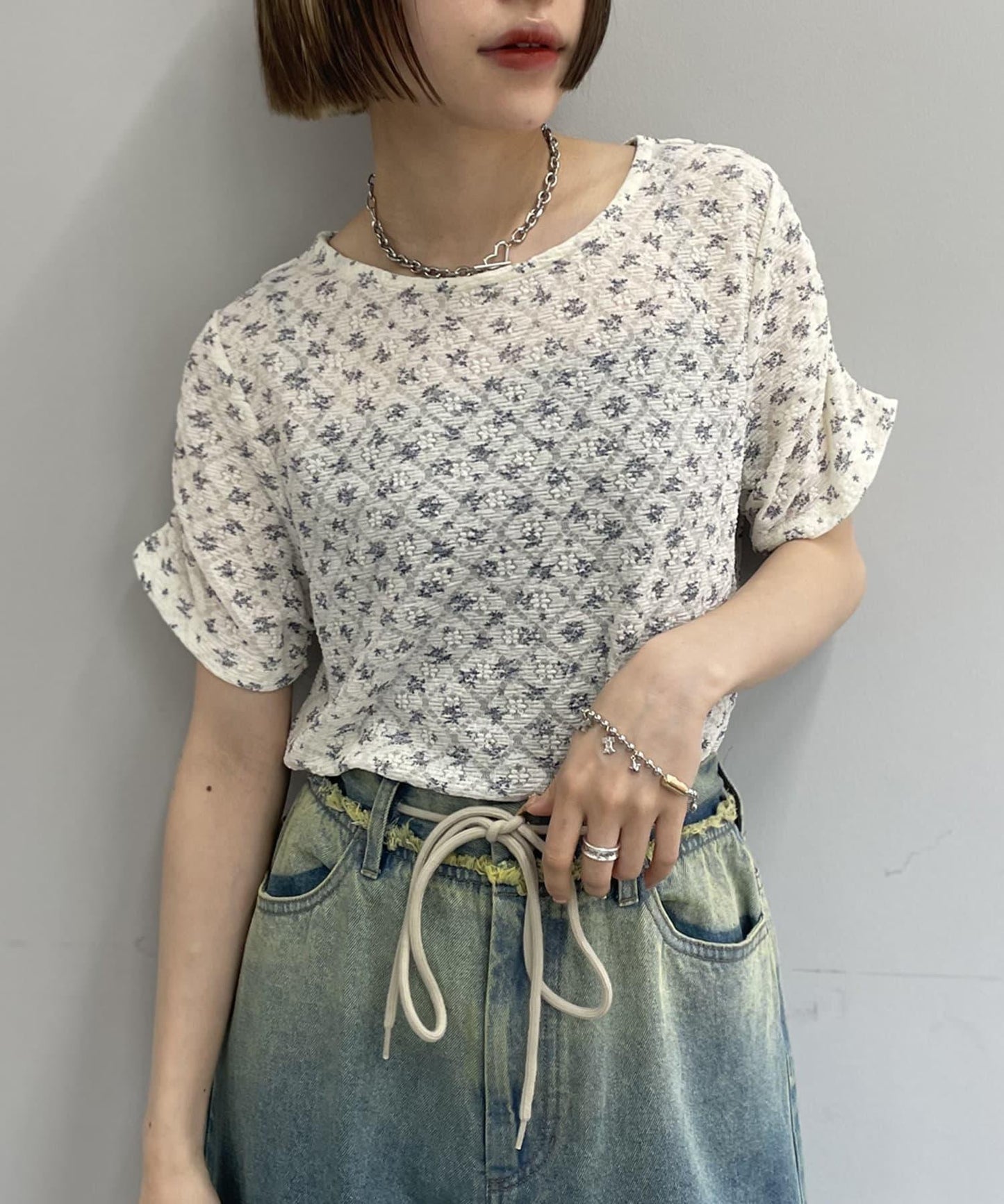 w closet 花卉蕾絲提花短袖T恤