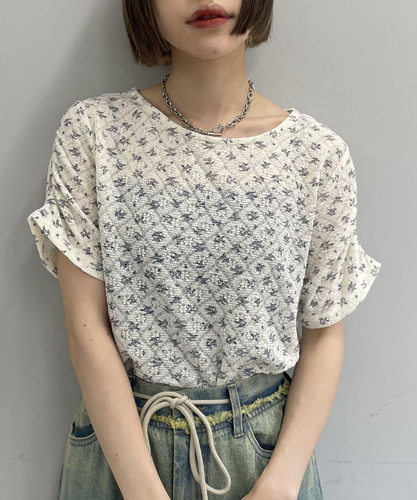 w closet 花卉蕾絲提花短袖T恤