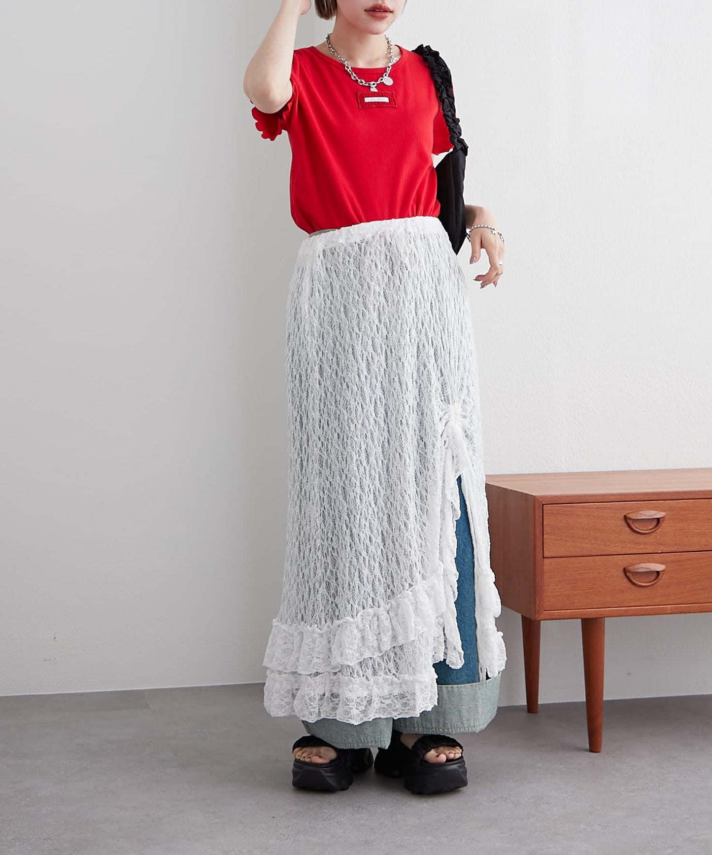 w closet 荷葉邊領羅紋T恤