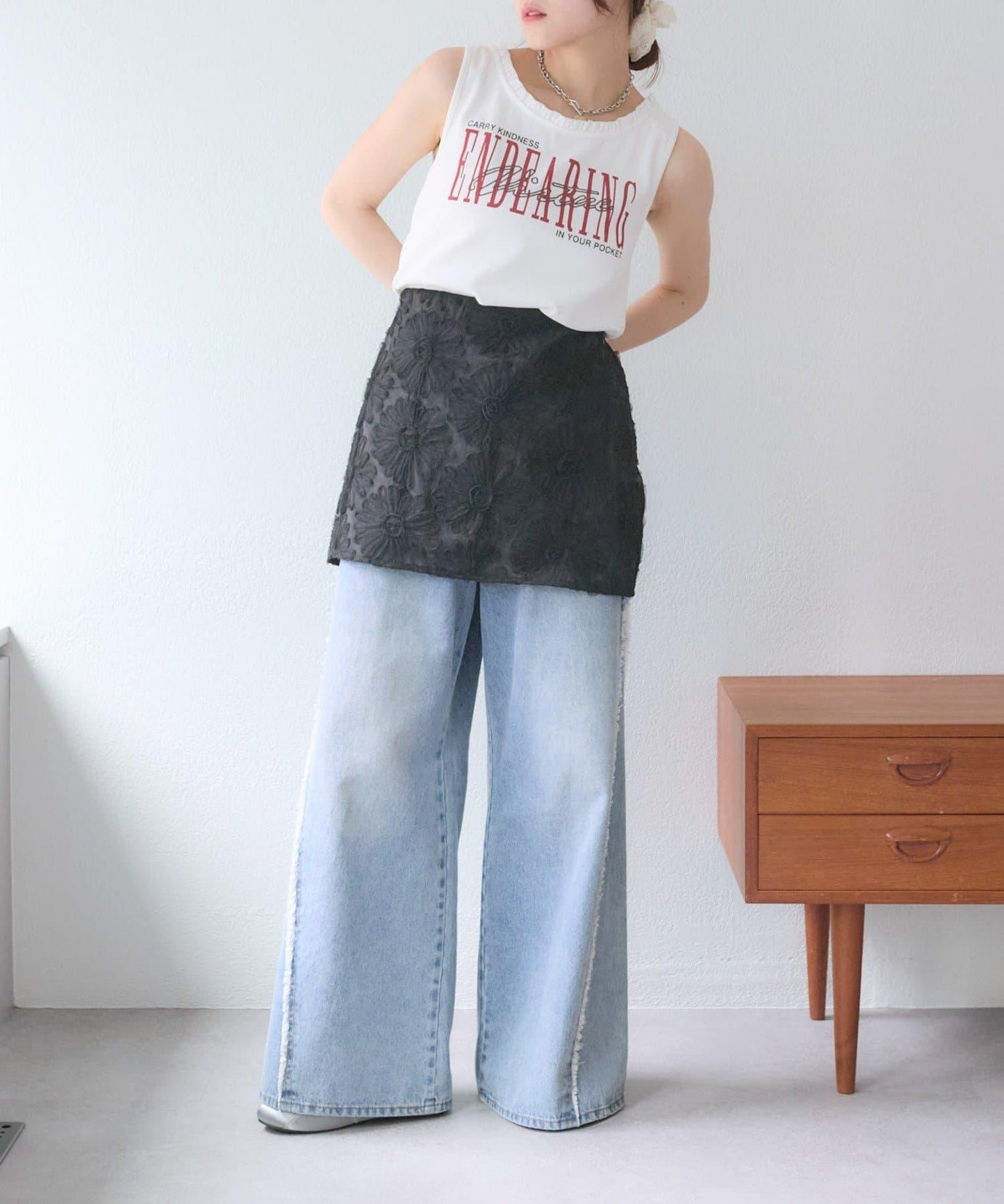 w closet 花卉蕾絲 迷你半身裙