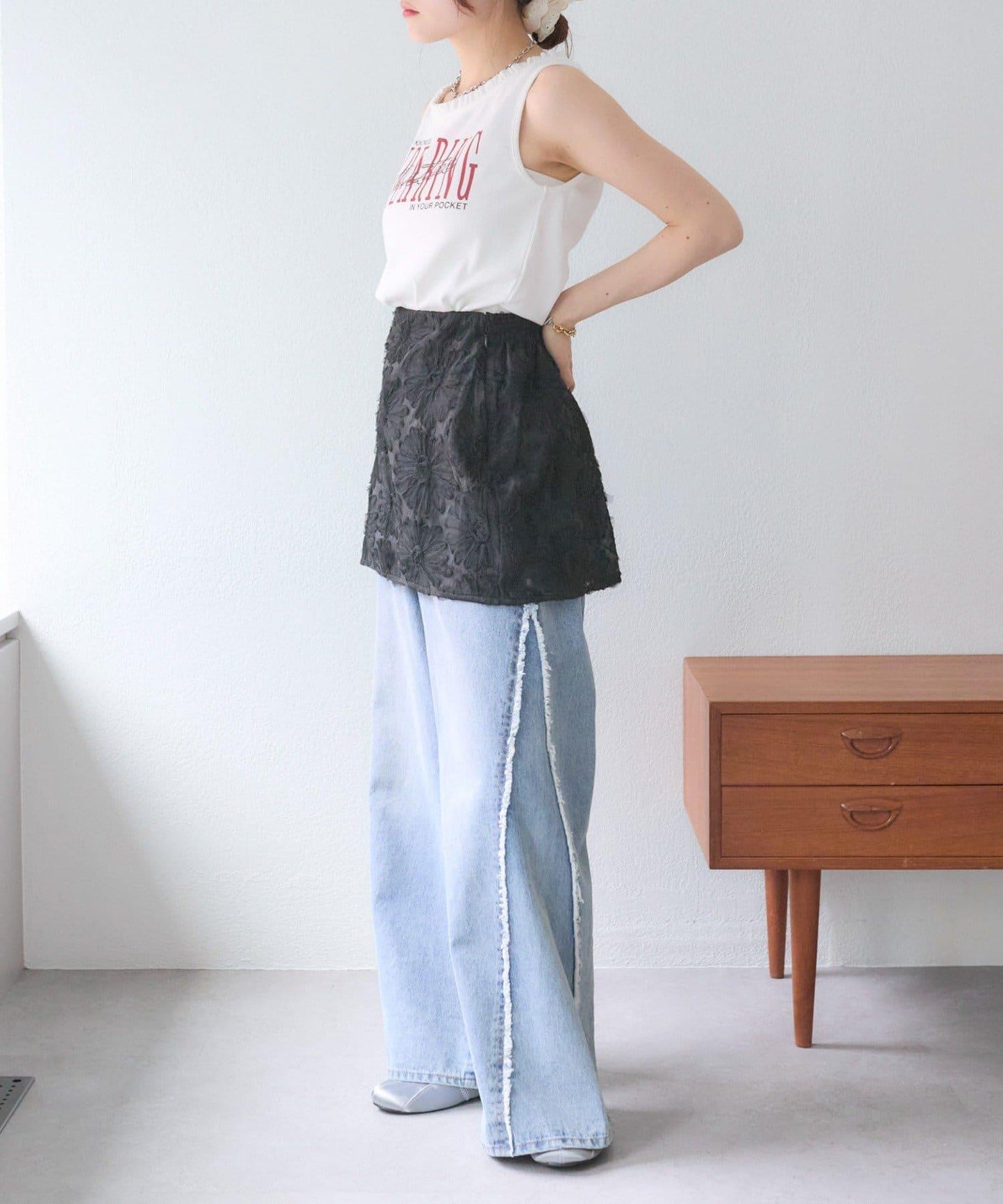 w closet 花卉蕾絲 迷你半身裙