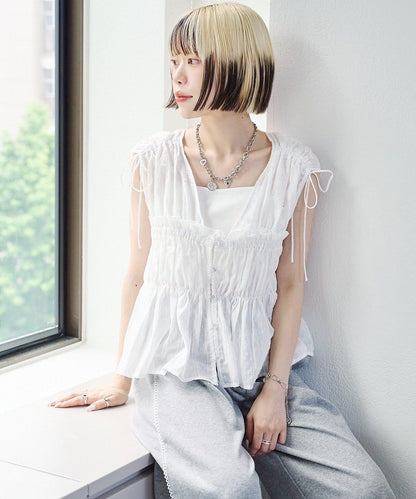 w closet 蕾絲拼接 抽繩 襯衫